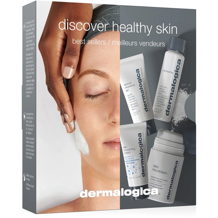 Dermalogica Discover Healthy Skin Kit 4 st ansiktsvård presentset som ger lyster i vit box med fyra gråvita produkter.