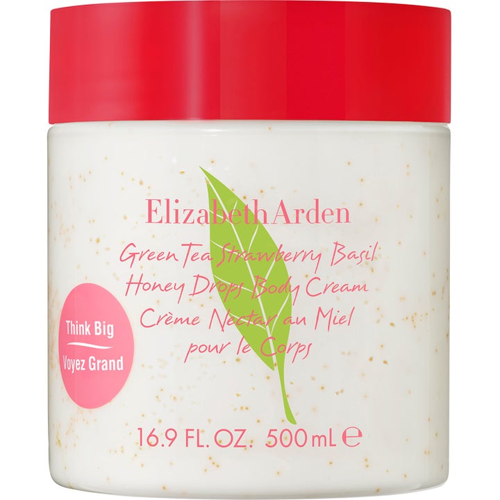 Elizabeth Arden Green Tea Strawberry Basil 500 ml mjukgörande kroppskräm i vit burk med rött lock och gula honungspärlor