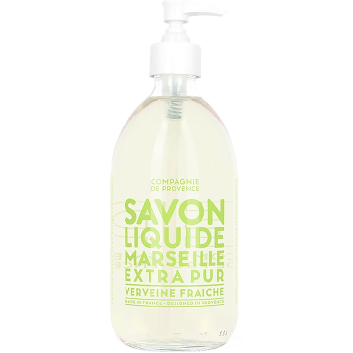 Compagnie de Provence Verbena 500ml flytande handtvål från provence i klar flaska med vit pump och grön text