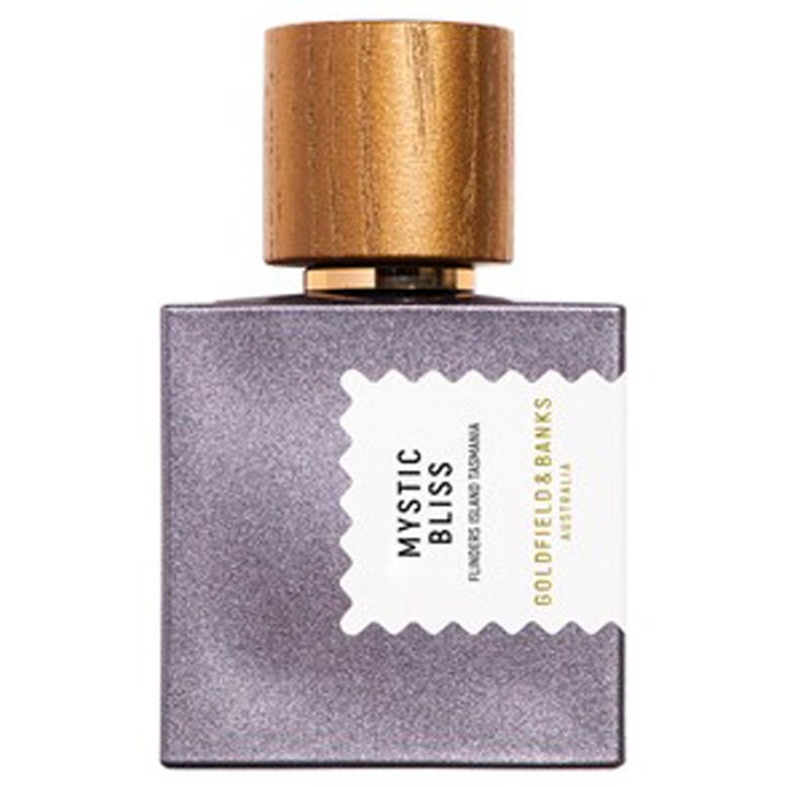 Goldfield & Banks Mystic Bliss Eau de Parfum 50 ml parfym i lila skimrande fyrkantig flaska med lock av ljust trä