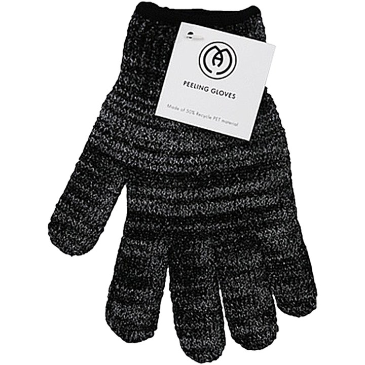 Accentra Peeling Gloves skrubbvantar för effektiv hudexfoliering i svartmelerad ruggad textil med vit etikett.