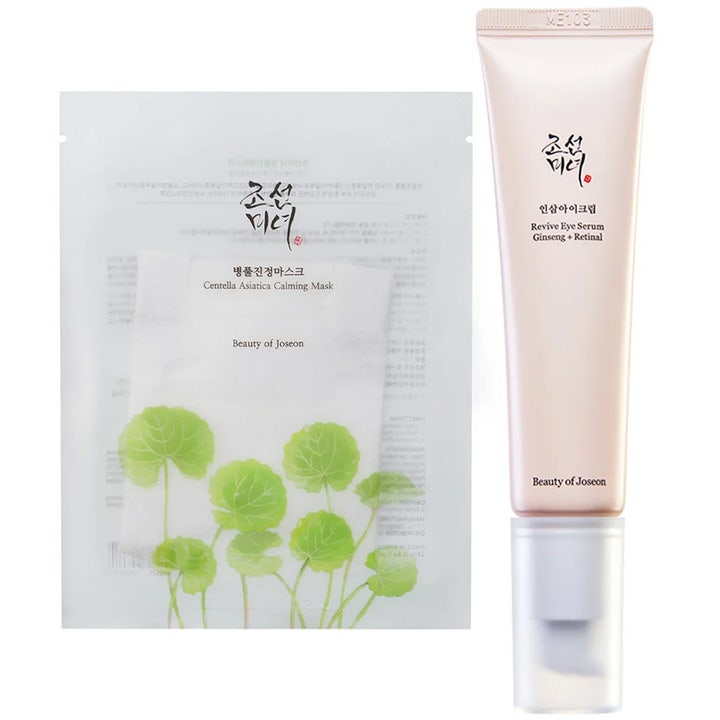 Beauty of Joseon anti-aging ögonserum i beige tub och centella fuktgivande ansiktsmask med illustration av gröna blad