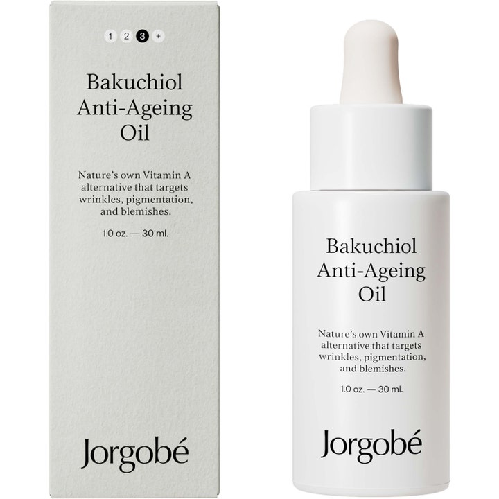 Jorgobé Bakuchiol Anti-Ageing Oil 30 ml bakuchiol anti-aging olja i vit flaska med pipett och ljusgrå ytterbox.