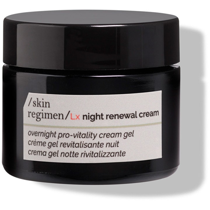 Skin Regimen Lx Night Renewal Cream återfuktande gel nattkräm i en svart glasburk som ger huden ny vitalitet.