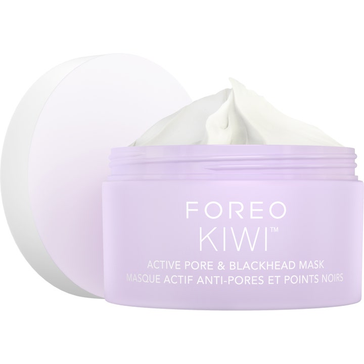 Foreo Kiwi Active Pore & Blackhead Mask aktiv ansiktsmask mot pormaskar i lila burk med fyllig vit kräm
