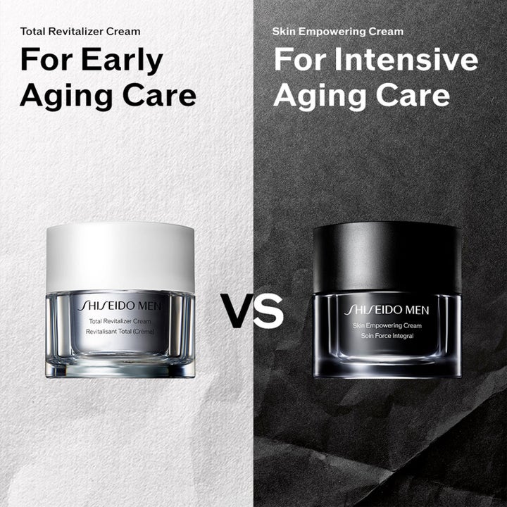 Shiseido Men återfuktande ansiktskräm jämför Total Revitalizer och Skin Empowering för tidig och intensiv vård.