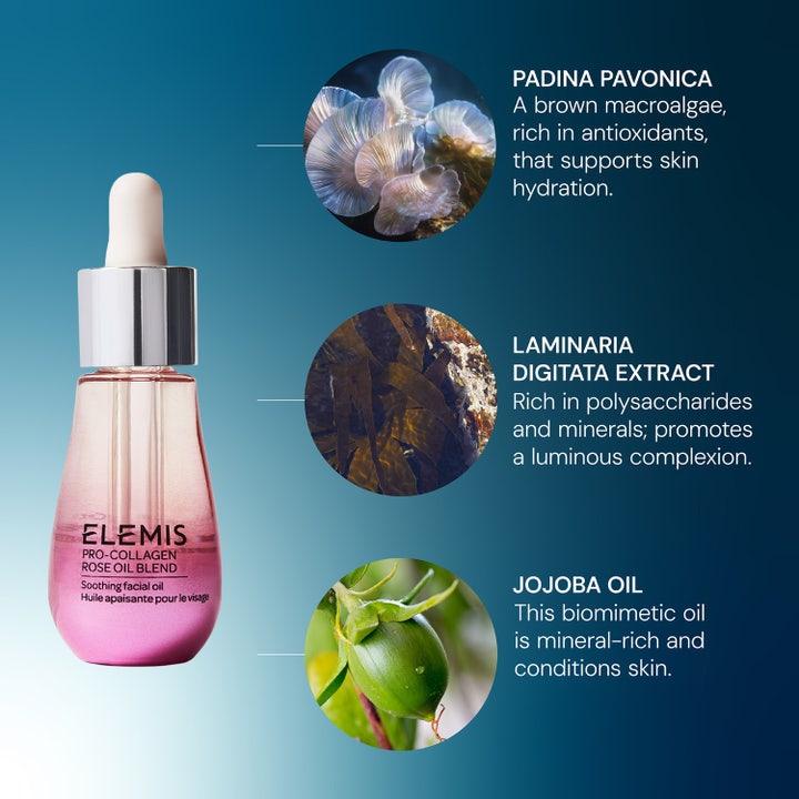 Elemis Pro-Collagen Rose Facial Oil 15 ml lugnande rosolja ansikte i rosa glasflaska med alger och jojobaolja.