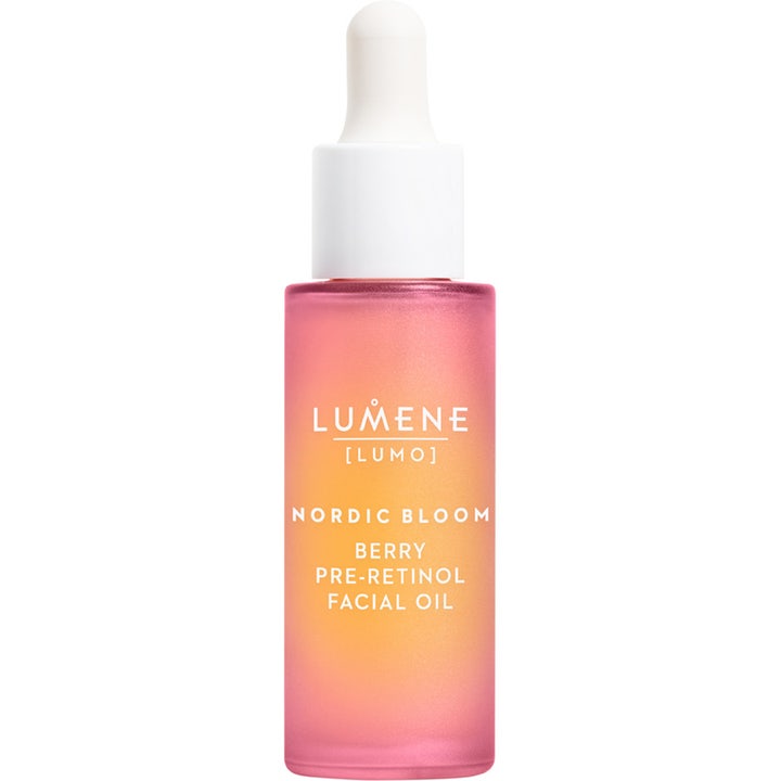 Lumene Nordic Bloom Berry Pre-Retinol Facial Oil 30ml ansiktsolja för torr hud i frostad rosa och gul glasflaska.