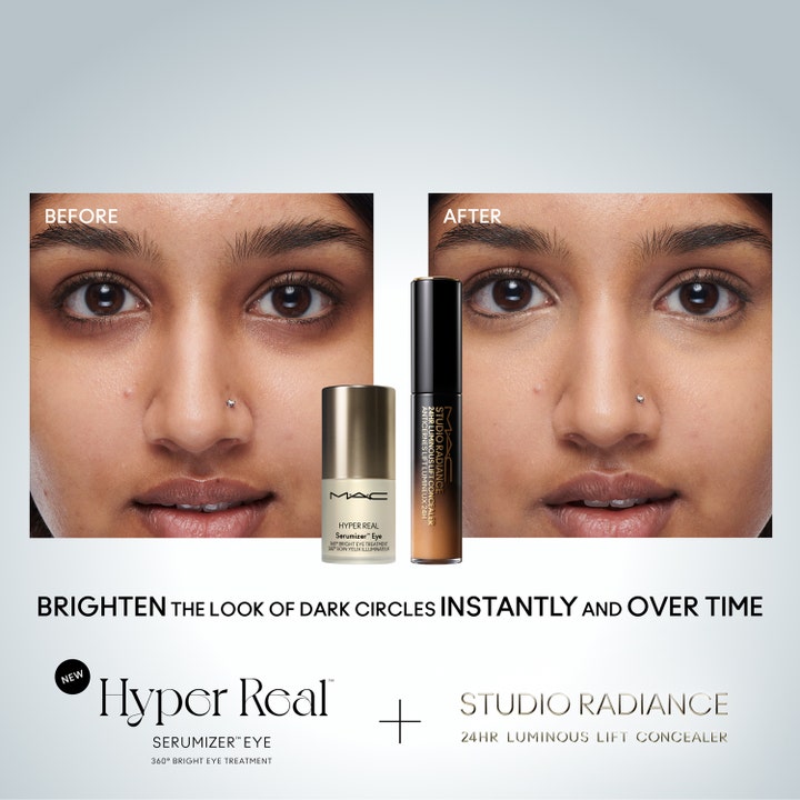 MAC Cosmetics Hyper Real Eye Serumizer 15 ml ger en 360 graders ögonbehandling mot mörka ringar före och efter.