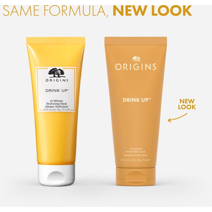 Origins Drink Up 10 Minute Mask 75 ml fuktgivande ansiktsmask i gammal och ny tubförpackning.