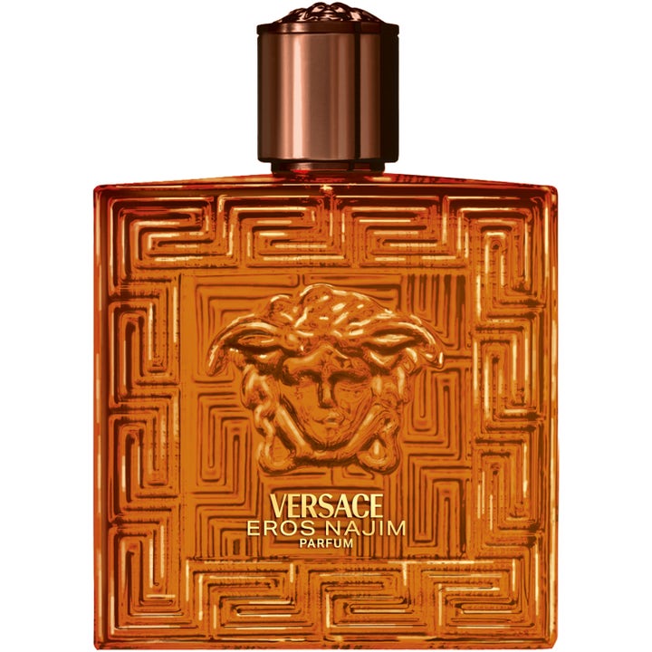 Versace Eros Najim 100 ml parfum skapar en lyxig känsla i en bärnstensfärgad glasflaska med Medusa-huvud och bronskork