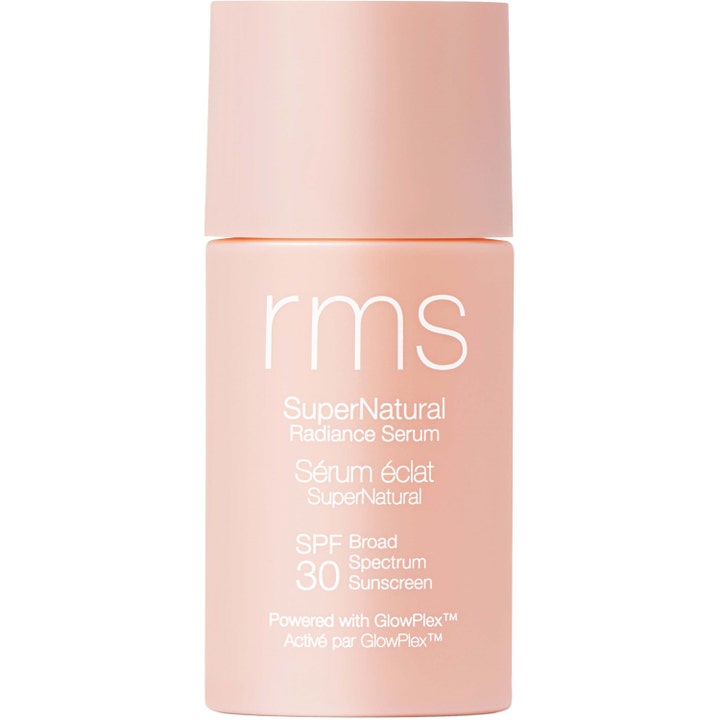 RMS Beauty SuperNatural Radiance Serum SPF 30 fuktgivande solskydd med färg i en matt persikofärgad flaska.
