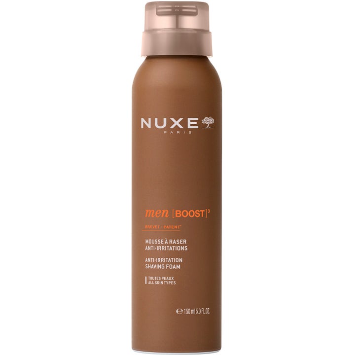 Nuxe Men [Boost]³ Anti-Irritation Shaving Foam 150 ml lugnande rakskum i en brun metallflaska med tonat lock.