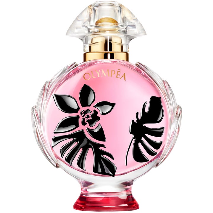 Rabanne Olympea Flora 30 ml eau de parfum i rund rosa glasflaska prydd med svarta blommönster och guldiga detaljer