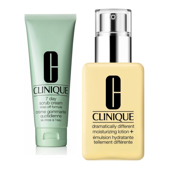 Clinique 7 Day Scrub Cream och Moisturizing Lotion+ återfuktande hudvård i ljusgrön tub och gul flaska med silverpump