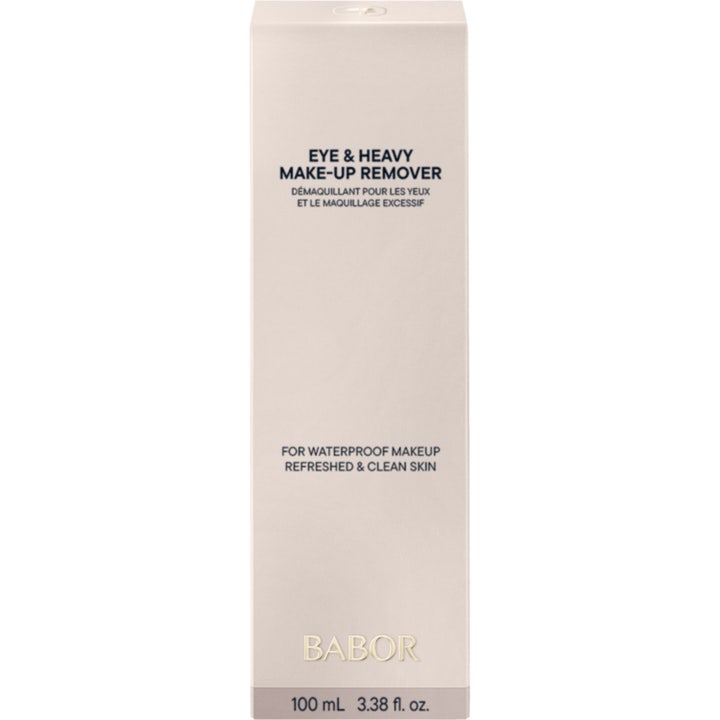 Babor Eye & Heavy Make Up Remover 100 ml sminkborttagning ögon för vattenfast smink i ljusbeige ytterförpackning.