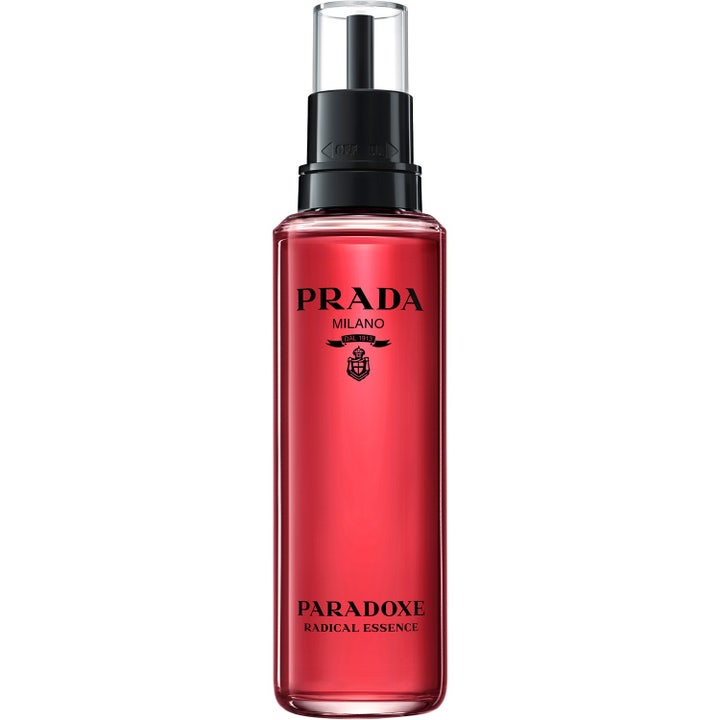 Prada Paradoxe Radical Essence 100ml refill parfym i en genomskinlig glasflaska med rosa vätska och svart munstycke