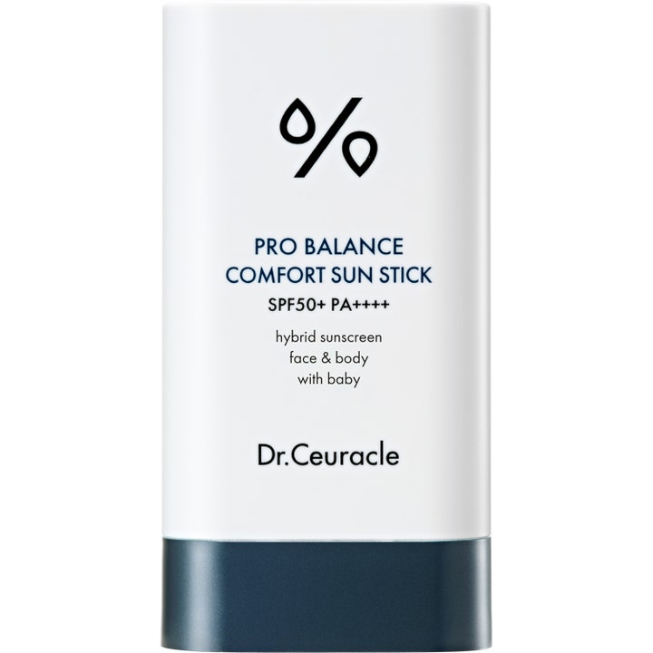 Dr. Ceuracle Pro Balance Comfort Sun Stick hybrid solskydd i vitt solstift med mörk bas som skyddar ansikte och kropp