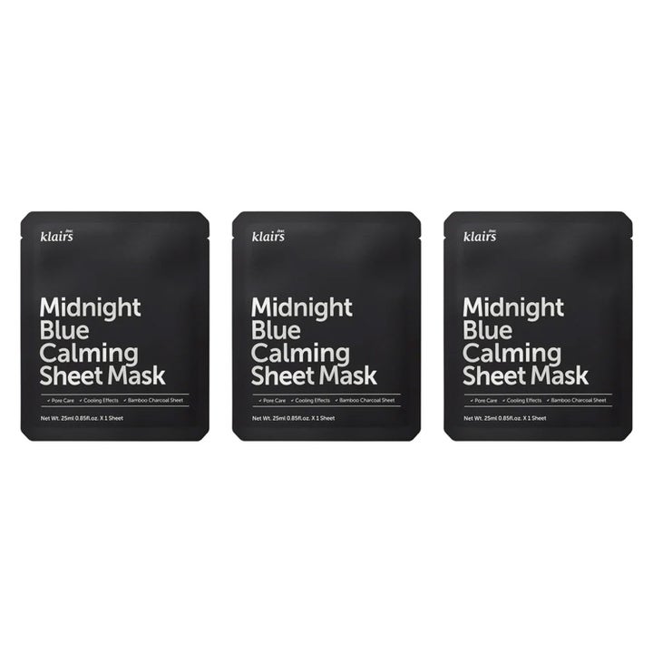 Klairs Midnight Blue Calming Sheet Mask 3 st lugnande ansiktsmask som ger svalkande effekt i svarta förpackningar