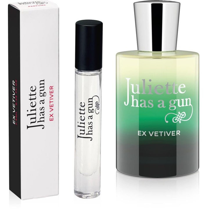 Juliette has a gun Ex Vetiver parfym i grön tonad glasflaska med silverkork, liten reseflaska och vit förpackning