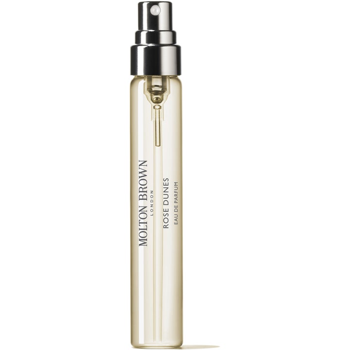 Molton Brown Rose Dunes Eau de Parfum 7,5 ml travel size parfym i smal glasflaska med silverfärgat spraymunstycke