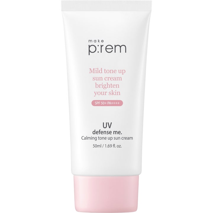 Make p:rem UV defense me. Calming tone up sun cream 50ml lugnande solkräm ansikte med uv-skydd i vit tub med rosa lock