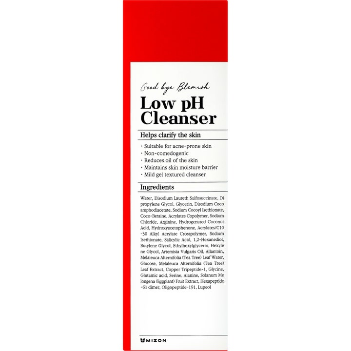 Mizon Good Bye Blemish Low pH Cleanser 100 ml akne rengöring med lågt ph i rödvit förpackning med ingredienslista