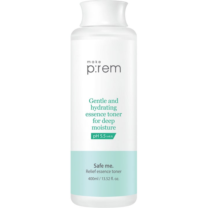 make p:rem Safe me Relief essence toner 400ml koreanskt återfuktande ansiktsvatten i vit flaska med ljusblå bas