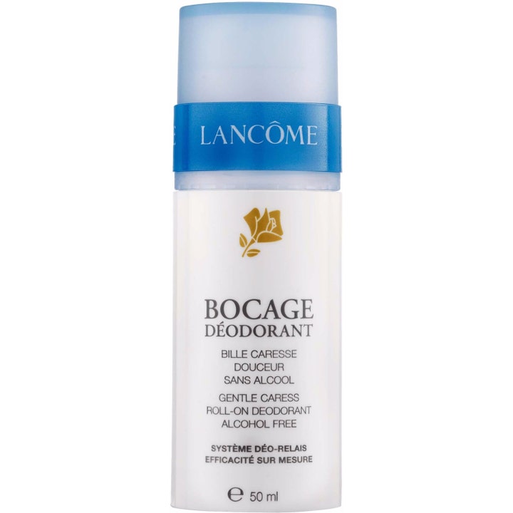 Lancôme Bocage Roll-On Deodorant 50 ml alkoholfri som ger skonsamt skydd i vit flaska med blått genomskinligt lock
