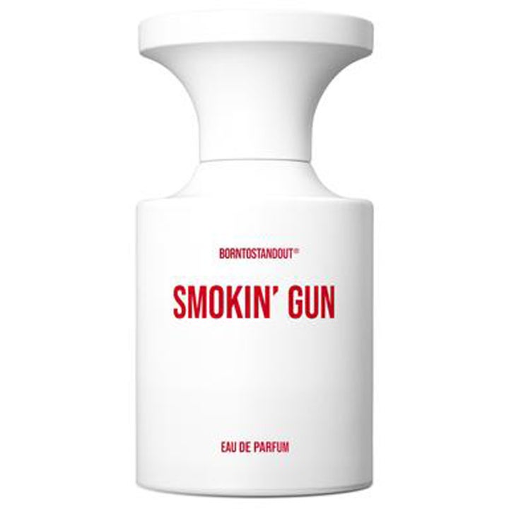 BornToStandOut Smokin' Gun Eau de Parfum 50ml nischparfym i vit flaska med röd text och matchande vit kork