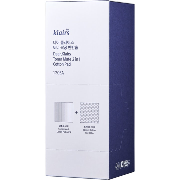 Klairs Toner Mate 2 in 1 Cotton Pad 120 st bomullspad och tonerpad i en stilren vit och blå rektangulär box.