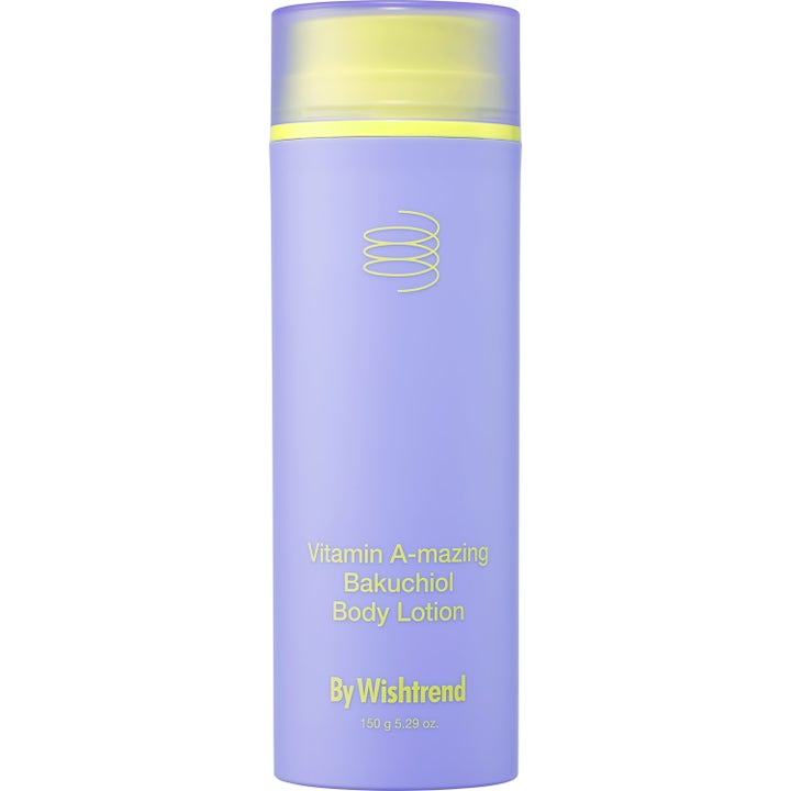 By Wishtrend Vitamin A-mazing Bakuchiol Body Lotion 150 g utjämnande kroppsvård i lila flaska med gult lock