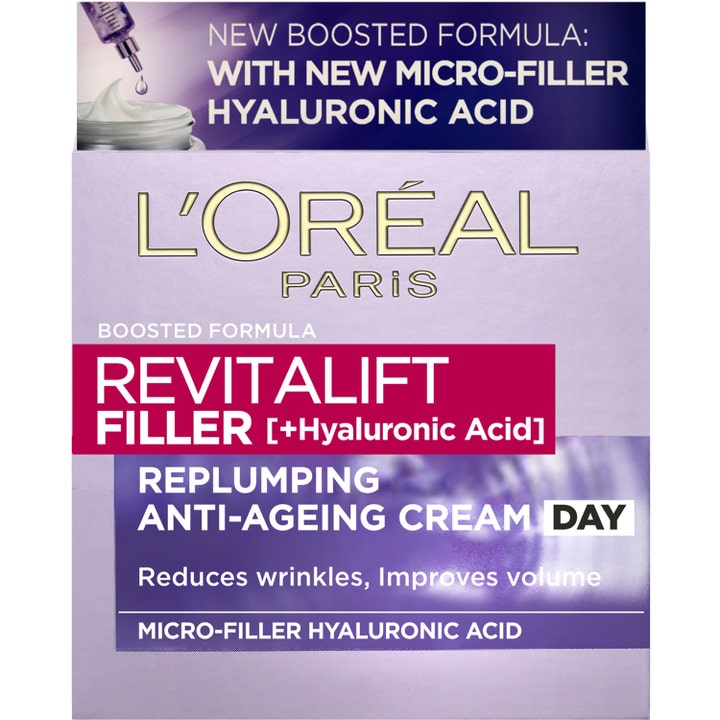 L'Oréal Paris Revitalift Filler 50 ml anti-rynk hyaluronsyra kräm i lila förpackning som ger fyllande effekt.