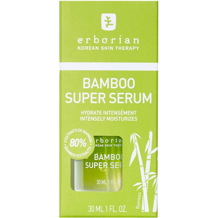 Erborian Bamboo Super Serum 30 ml i grön ytterförpackning med 80 % bamboo extrakt för intensiv fukt.