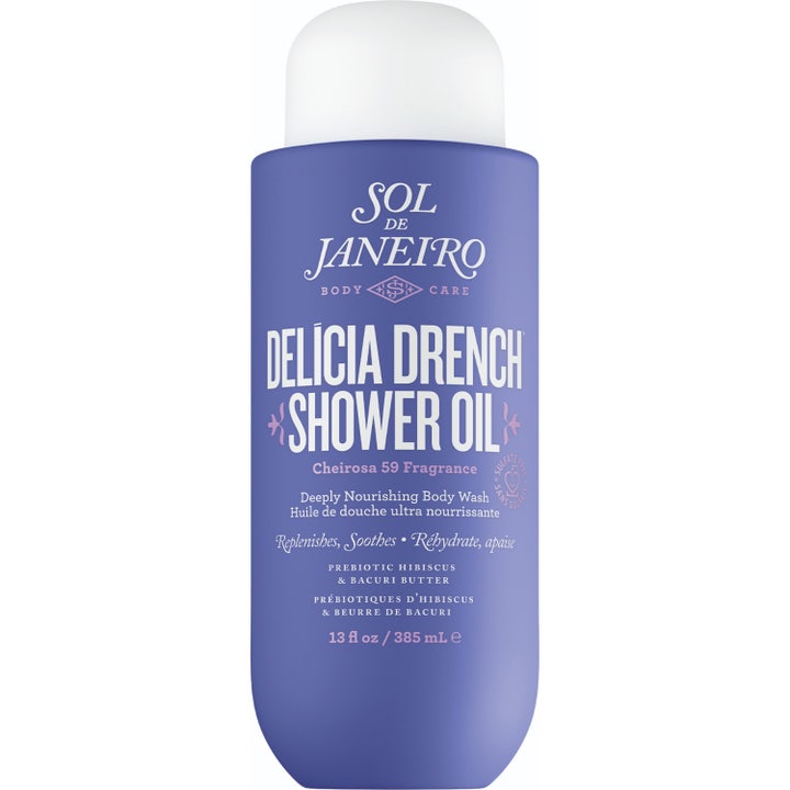 Sol de Janeiro Delícia Drench Shower Oil 385 ml närande duscholja som återfuktar huden i en lila flaska med vitt lock