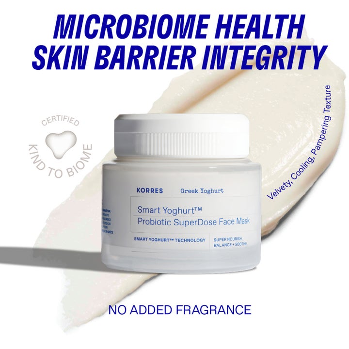 KORRES Smart Yoghurt Probiotic SuperDose Face Mask 100 ml ansiktsmask i vit burk framför krämig textur