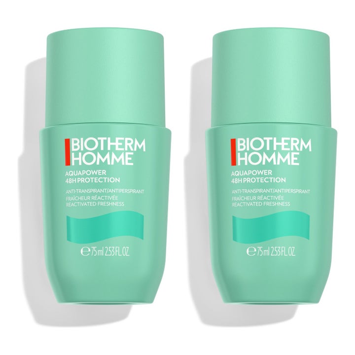 Biotherm Homme Aquapower 48H Deodorant Roll-on 2x75ml mot svett i turkosa hylsor med gråa lock