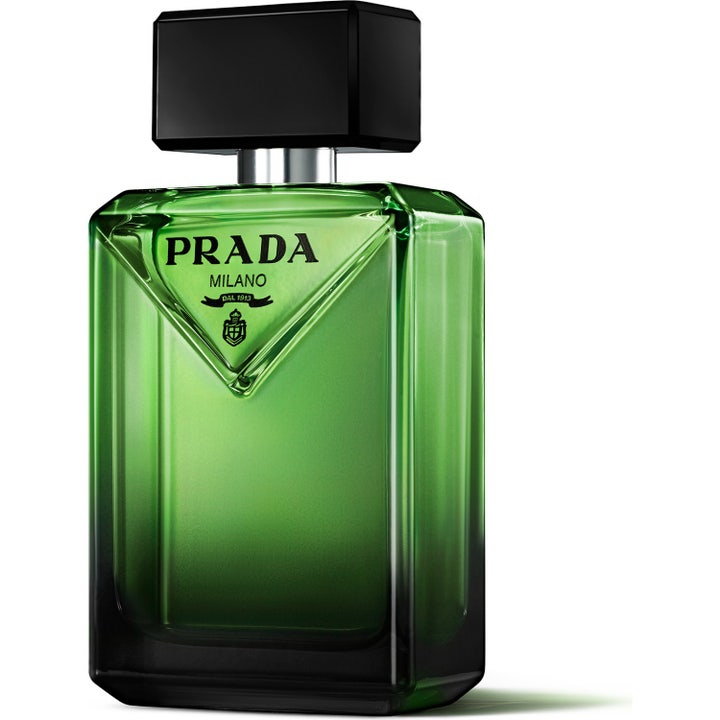 Prada Paradigme 100ml herrparfym i en grön tonad glasflaska med svart rektangulär kork och triangelformad logotyp