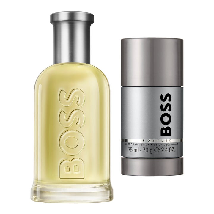 Hugo Boss Boss Bottled duo 200 ml set med EdT och deostick i glasflaska med silverkork och grå metallic hylsa
