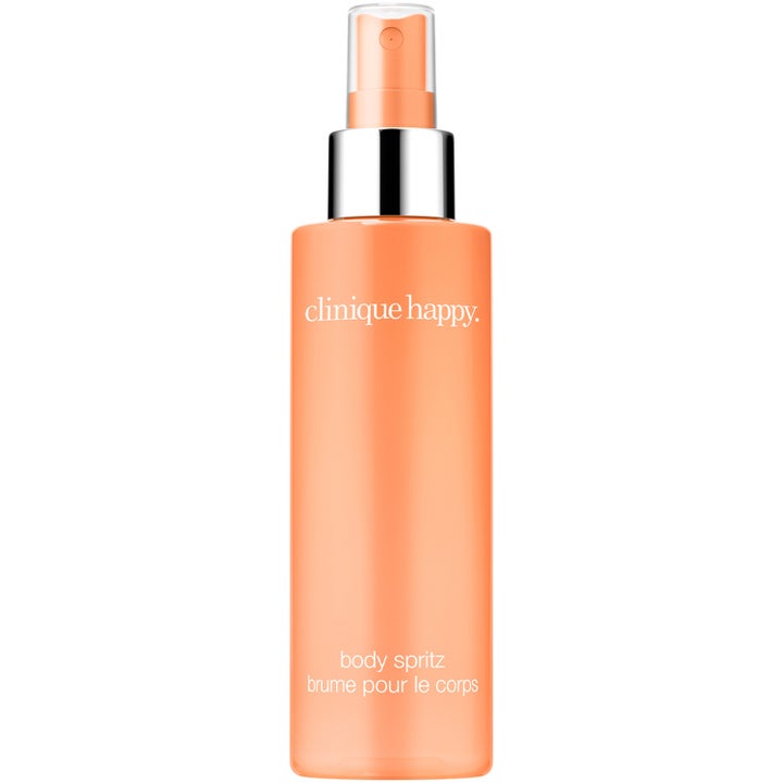 Clinique Happy Body Spritz 125 ml energigivande citrus body mist spray i orange flaska med silverdetaljer