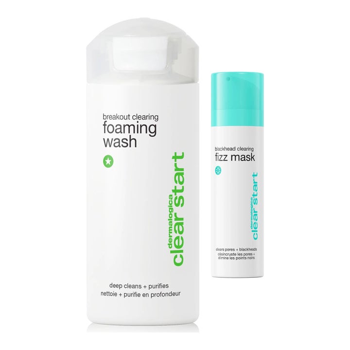 Dermalogica Clear Start Blackhead Clearing Fizz Mask och Foaming Wash mot orenheter i vita flaskor med turkos text
