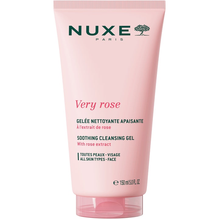 Nuxe Very Rose Soothing Cleansing Gel 150 ml lugnande ansiktsrengöring i en ljusrosa tub med transparent lock.
