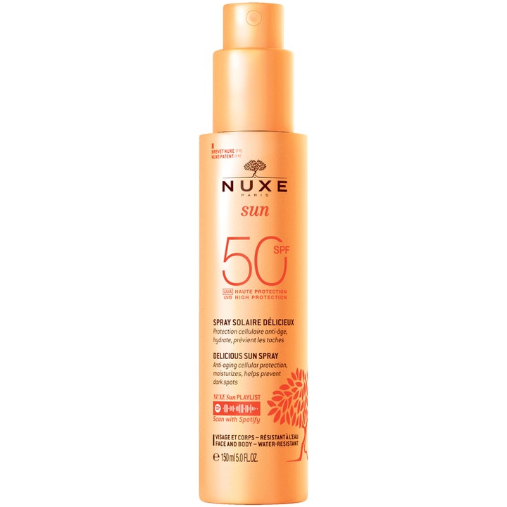 Nuxe Sun Delicious Sun Spray 150 ml solskydd ansikte och kropp i orange sprayflaska som motverkar ålderstecken.