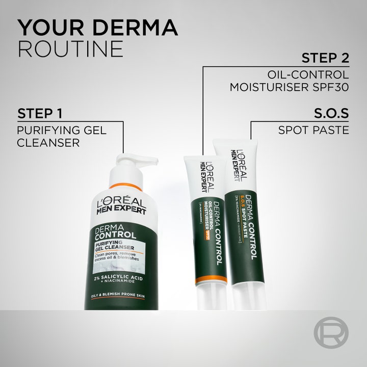 L'Oréal Paris Men Expert Derma Control Moisturiser 40 ml återfuktande dagkräm med SPF30 i en hudvårdsrutin för fet hy