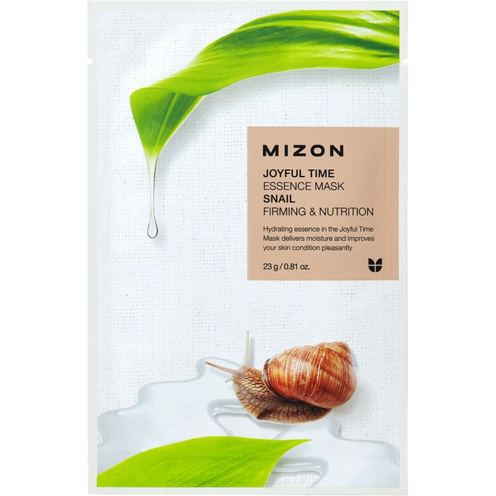 Mizon Joyful Time Essence Mask Snail 23 g närande sheetmask med snigelslem i vit förpackning med grönt blad och en snigel.