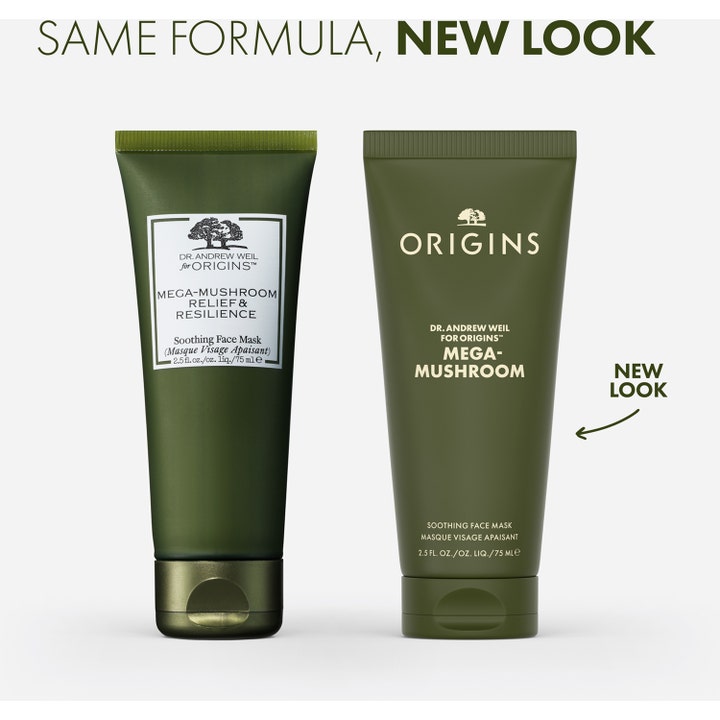 Origins Dr. Weil Mega-Mushroom 75 ml anti-inflammation ansiktsmask i två gröna tuber som visar dess nya utseende.