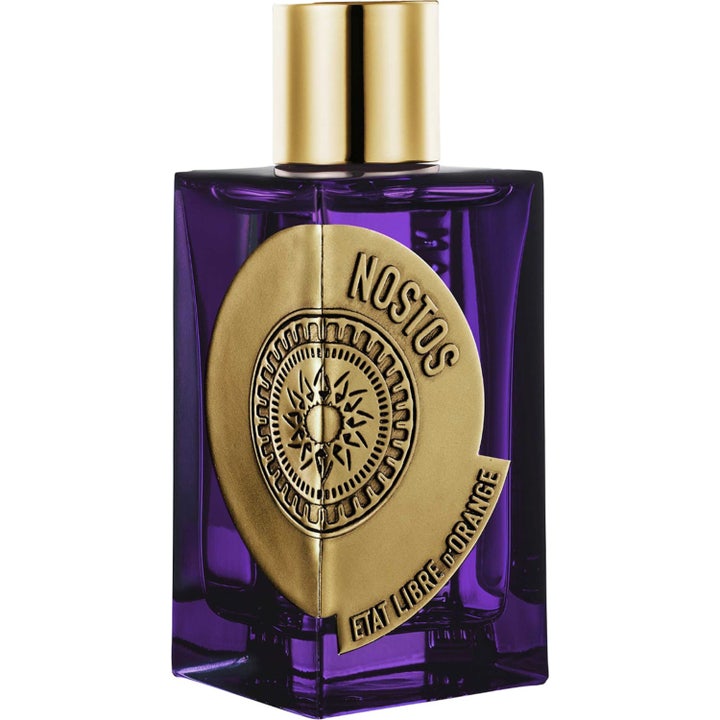 Etat Libre d'Orange Nostos 100 ml EdP i lila glasflaska med guldlock och ett runt guldfärgat emblem