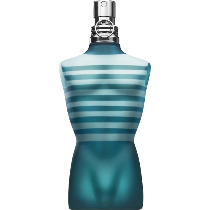 Jean Paul Gaultier Le Male 125 ml parfym i en randig turkos torsoflaska av frostat glas med silverdetaljer