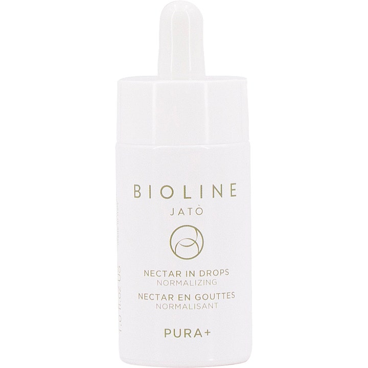 Bioline Jatò Pura+ Nectar In Drops 30 ml normaliserande ansiktsserum i en vit flaska med matchande pipettkork