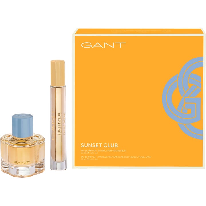 GANT Sunset Club gåvoset 30 ml och 9,5 ml eau de parfum i gul box med rund glasflaska och blå kork